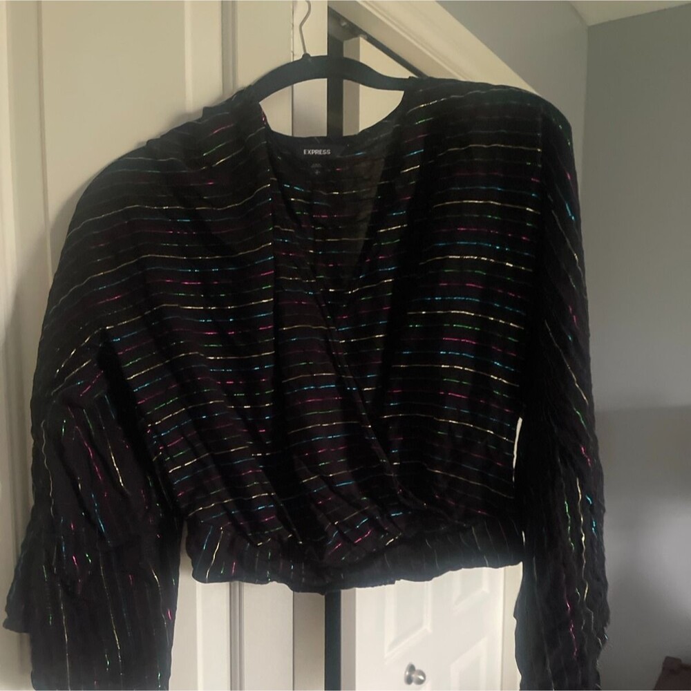 Express Black Metallic Striped V-Neck Bell Sleeve Blouse